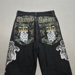 Vintage CROWN HOLDER Mens Black Jeans Size 30 Embroidered Gold Silver Wings